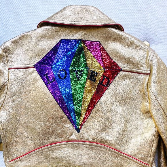 $7990 New Gucci Leather and Sequin Belt Runway Moto “LOVED” Jacket. - Picture 11 of 14
